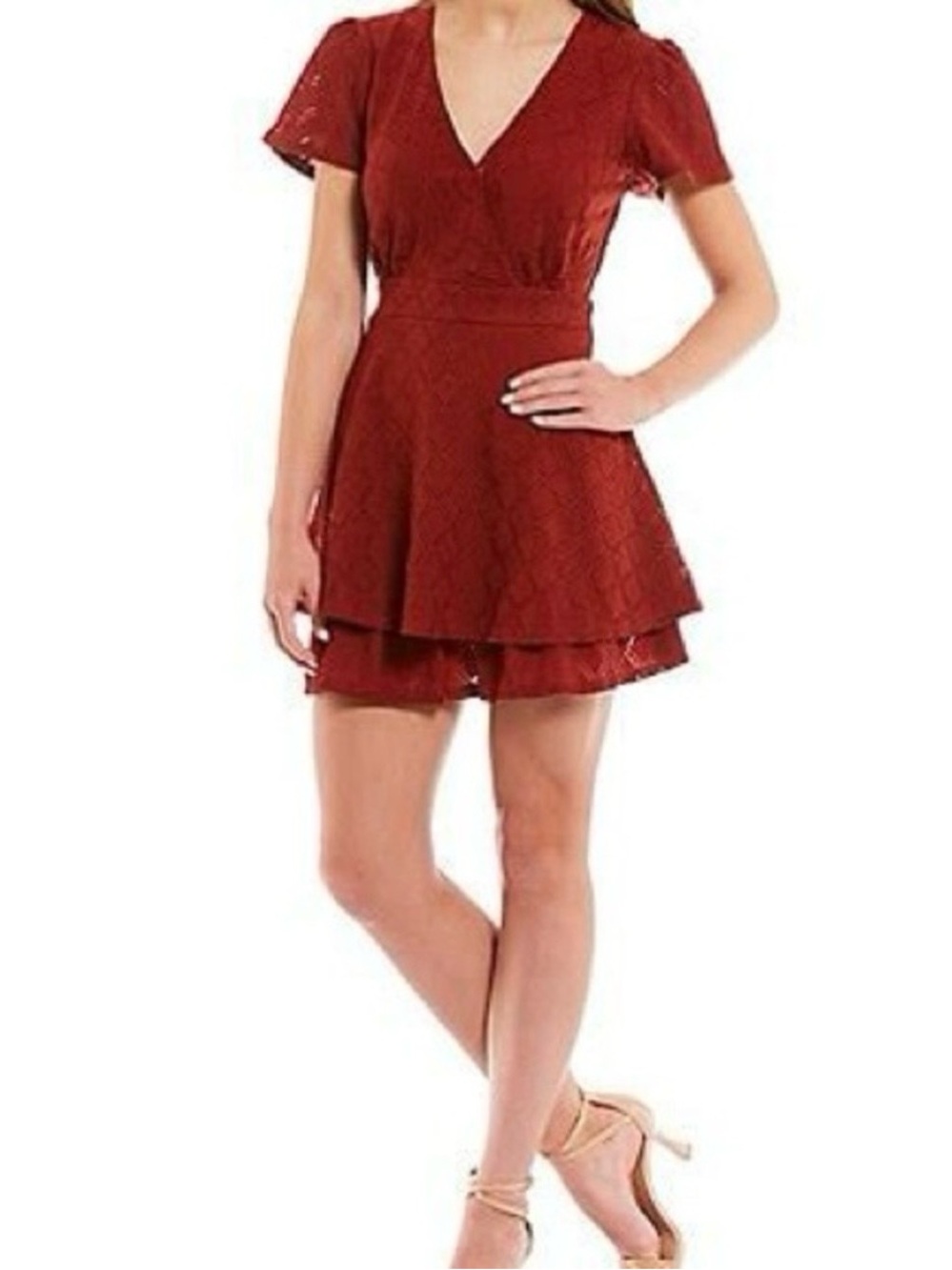 Honey and Rosie Rust Lace Tiered V-Neck Mini Dress